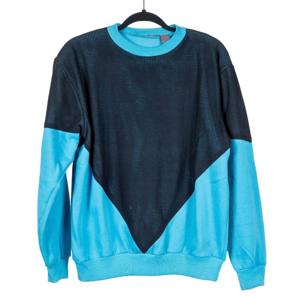Edison Brothers VTG Sweatshirt L Colorblock 80s Mens Crewneck Aqua Black Mesh